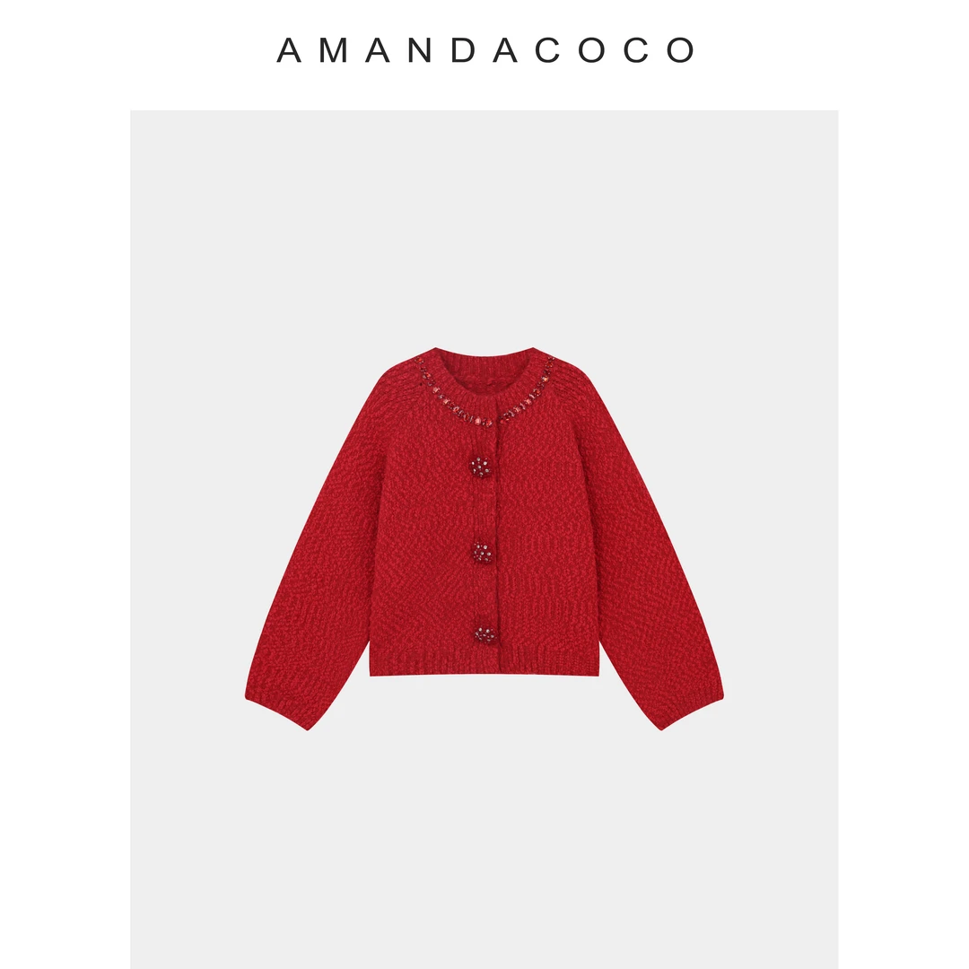 静静 | 曼塔玫瑰～秋冬重工轻奢串钻圆领氛围感灯笼袖针织开衫