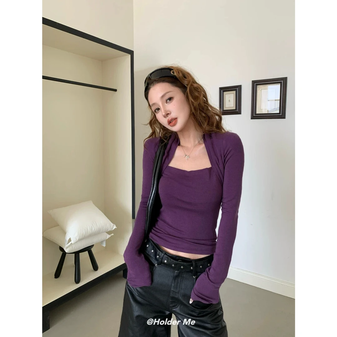 纯欲辣妹方领长袖T恤女颜色紫色 灰色 黑色 白色