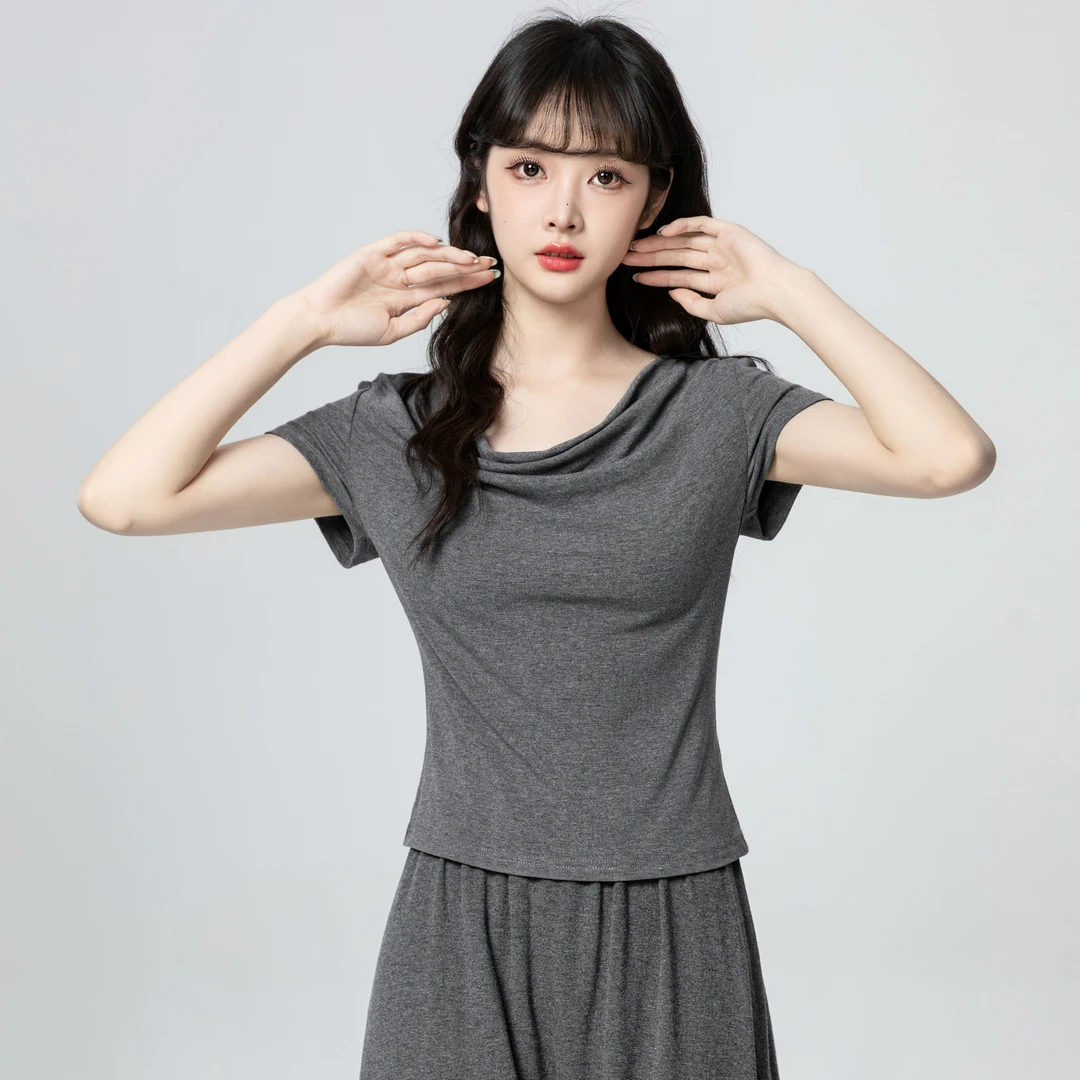 灰色荡领短袖T恤女夏2025夏季新款百搭收腰显瘦正肩体恤短款上衣