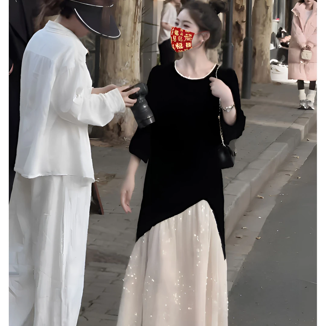 大码女装假两件黑色丝绒连衣裙胖MM拼接亮片显网纱瘦长裙子网红款