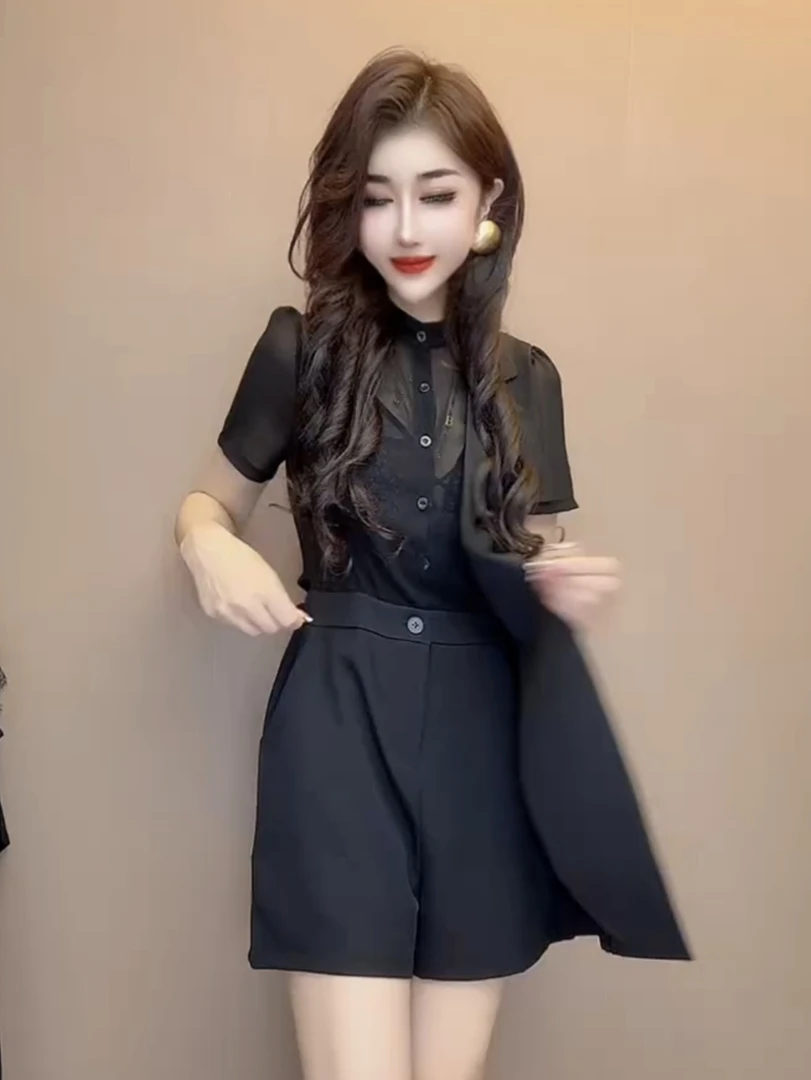 美背连体衣洋气裤女2025高腰连体裤显瘦阔腿短袖假两件连体短裤