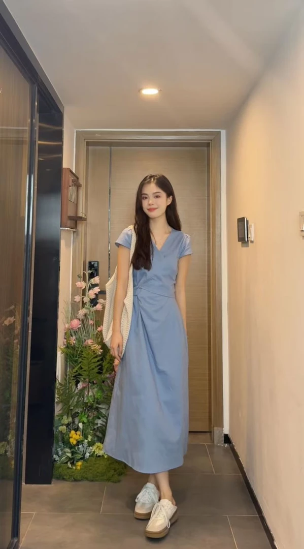 AN.XIN【甜橘之夏~蓝色】夏季小个子纯色显白绑带收腰连衣裙2021