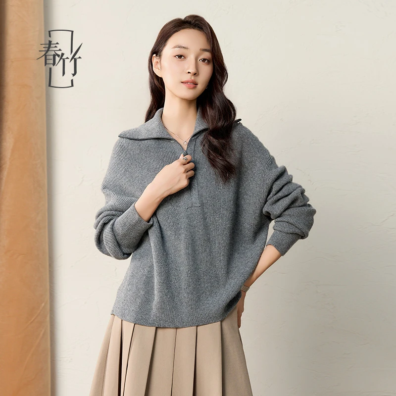 春竹春季新款100%山羊绒加厚针织纯羊绒衫女慵懒风翻领套衫宽松