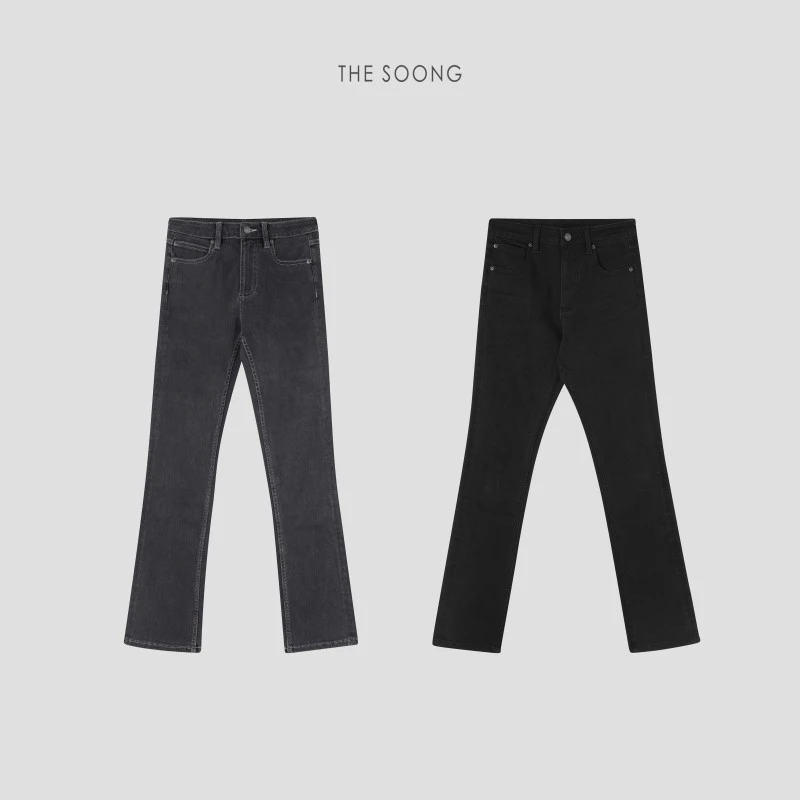 THESOONG|黑长直靴裤|中腰高弹洗水加软拉链黑色牛仔裤HBNZ3520