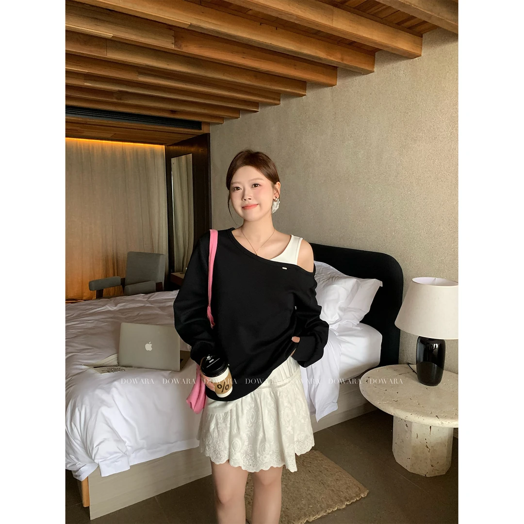 现货大婉酱微胖定制假两件黑色卫衣春季设计感斜肩显瘦上衣 6457D