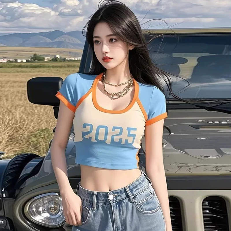 夏季辣妹风多巴胺撞色短袖t恤女2025新款超好看高腰露脐短款上衣