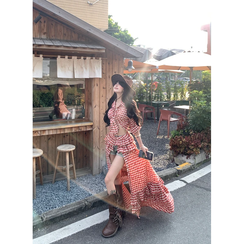 度假风复古红色格子polo领长袖衬衫设计感拼接拖尾半身裙套装女夏