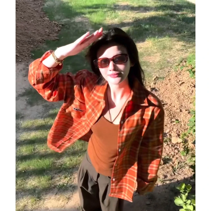 秋冬设计感套装休闲百搭小众高级感格子长袖衬衫上衣高腰阔腿裤女