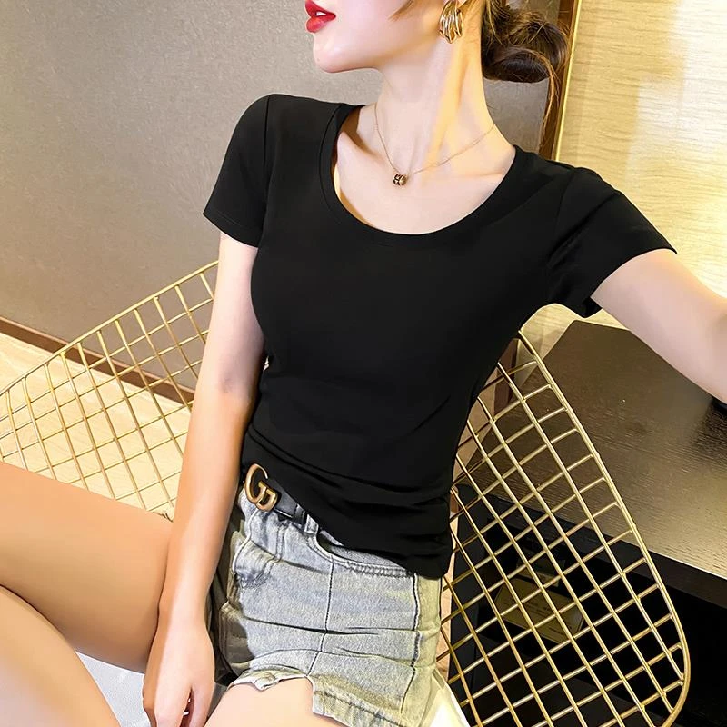 黑色莫代尔t恤女短袖夏季修身正肩冰丝圆领内搭洋气半袖打底上衣