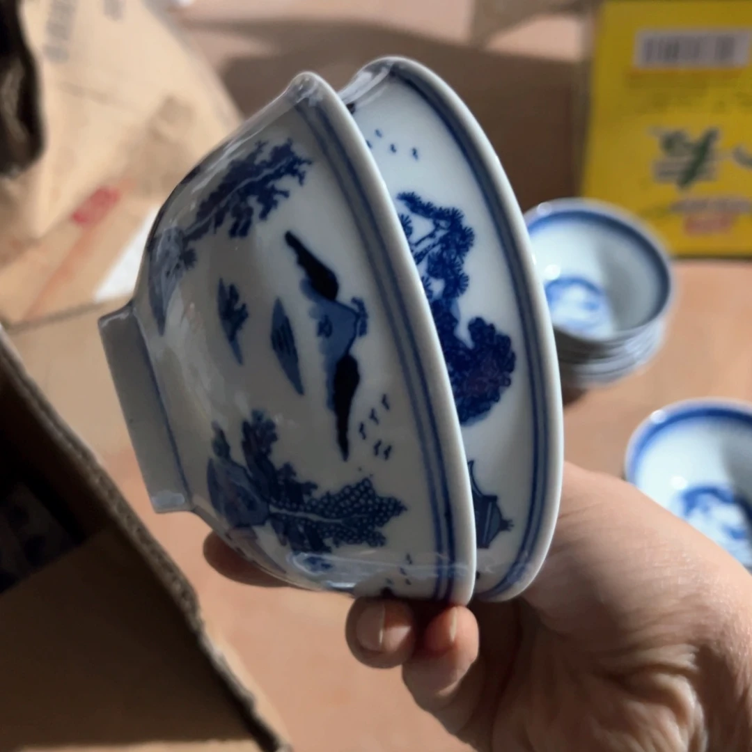 青花手绘4.5寸梧桐小饭碗2个妮***n