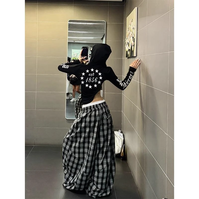 美式时尚休闲短款连帽长袖t恤女夏季新辣妹修身显瘦宽松薄衫上衣
