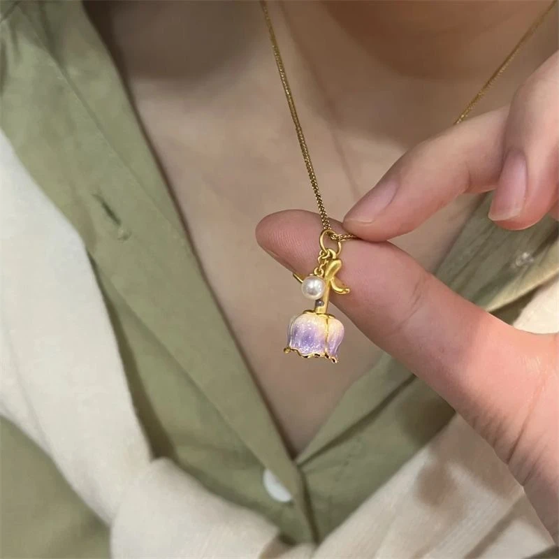 锌合金合成锆石吊坠 紫色玫瑰项链永生花不可展开唯美轻奢项链小