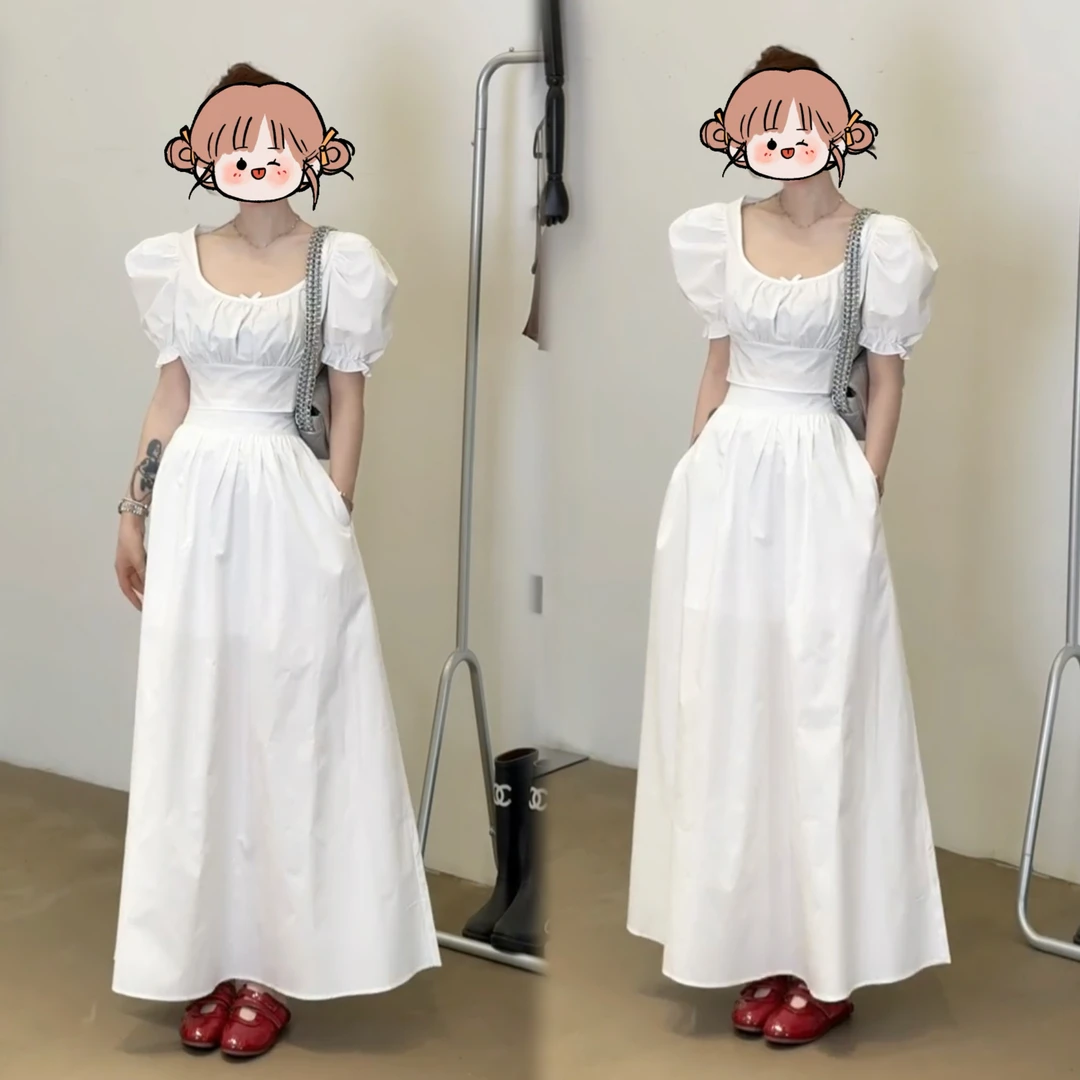 2025夏季新款女法式气质方口领泡泡袖修身上衣百搭高腰显瘦半身裙