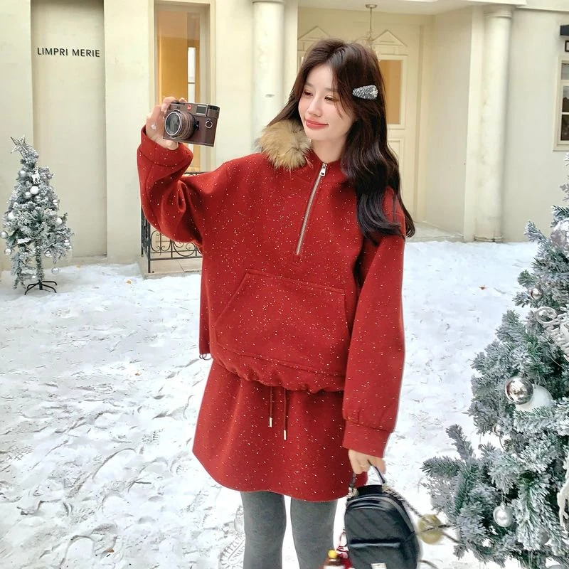圣诞红色连帽烫钻卫衣毛呢套装裙女冬季2025新款高腰半身裙两件套
