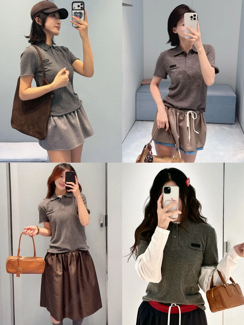 减龄学姐 灰色POLO领口袋卷边短袖针织毛衣学院风