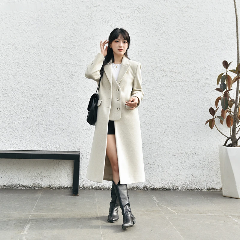 【娇女王原创】长款毛呢大衣假两件过膝高个子外套秋冬保暖遮肉显瘦