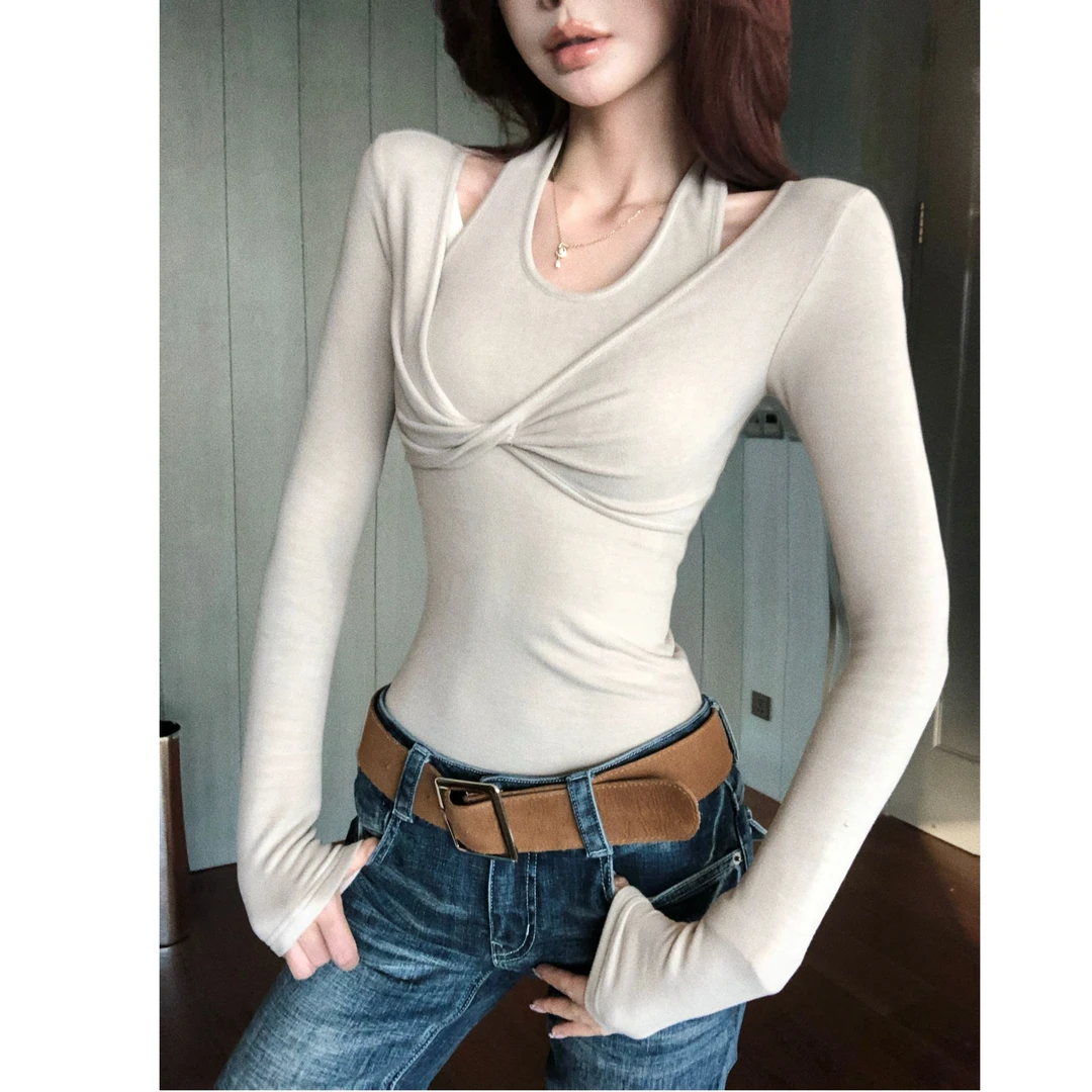 婉君【挂脖显瘦T】“自发热280g德绒”纯欲扭结挂脖上衣LWJ25D4T3942