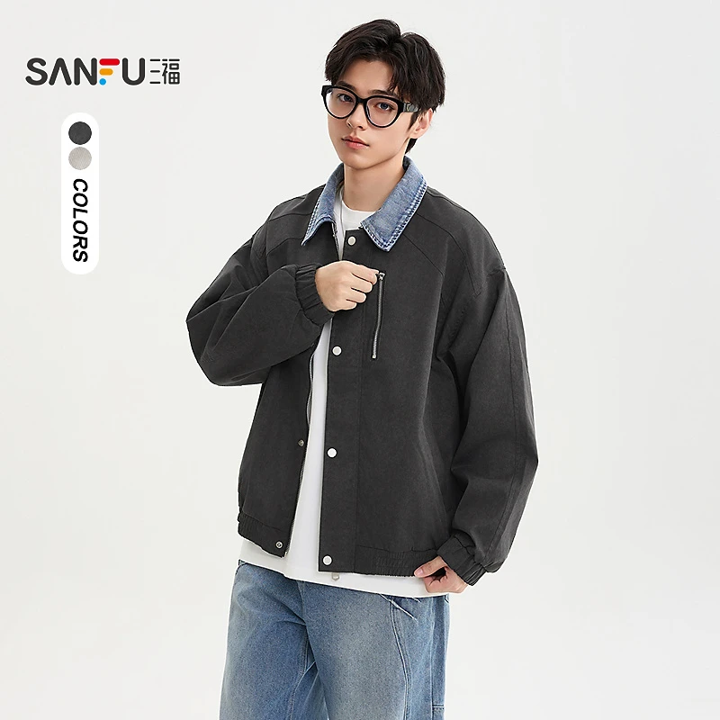 SANFU/三福2025秋季男女撞色牛仔翻领工装夹克都市宽松外套512059