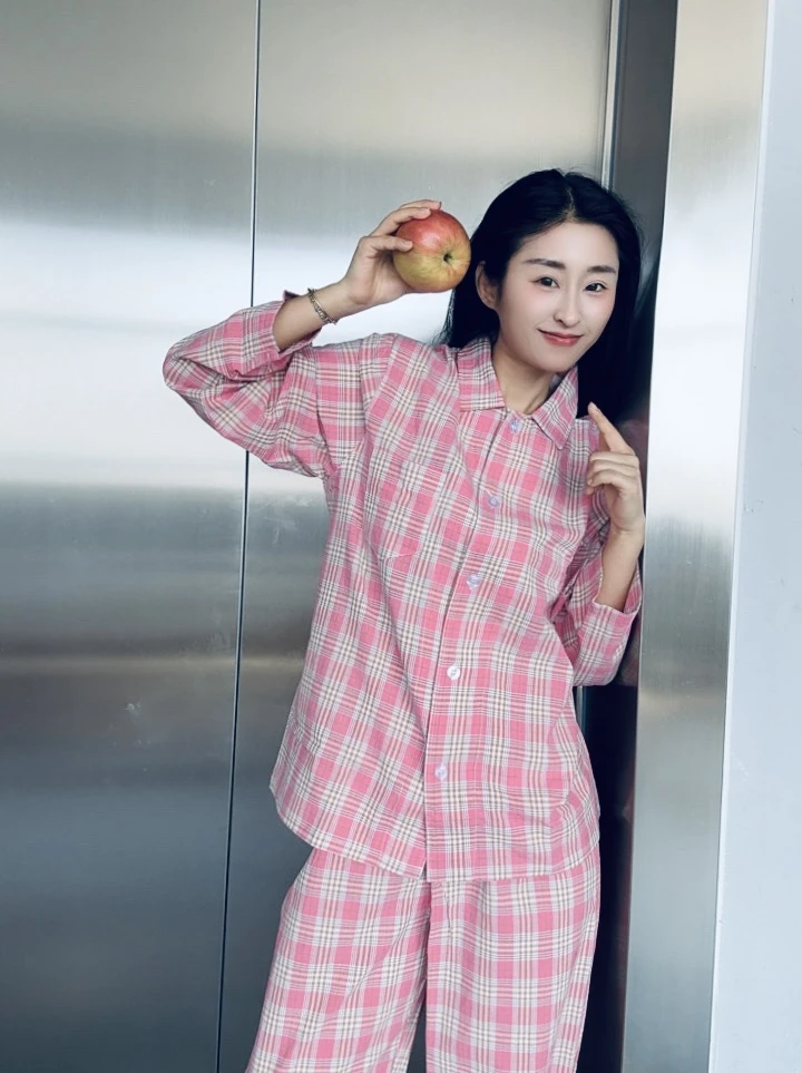 【全棉夏季】女士极简风 对版对格 肌理感长袖长裤套装家居服睡衣