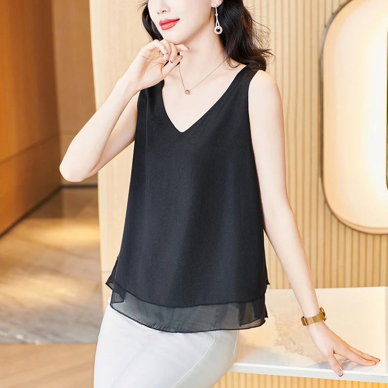 法式v领雪纺衫女内搭打底春秋新款无袖吊带背心夏季外穿黑色上衣
