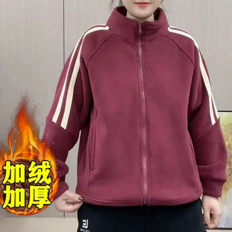 冬季女加绒加厚短外套宽松时尚立领大码卫衣网红款奥粒绒保暖上衣