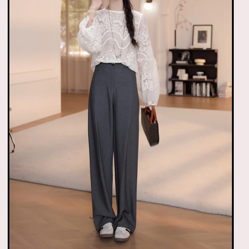 2025秋装新款蕾丝上衣+高腰休闲西裤时尚两件套套装LK2505482