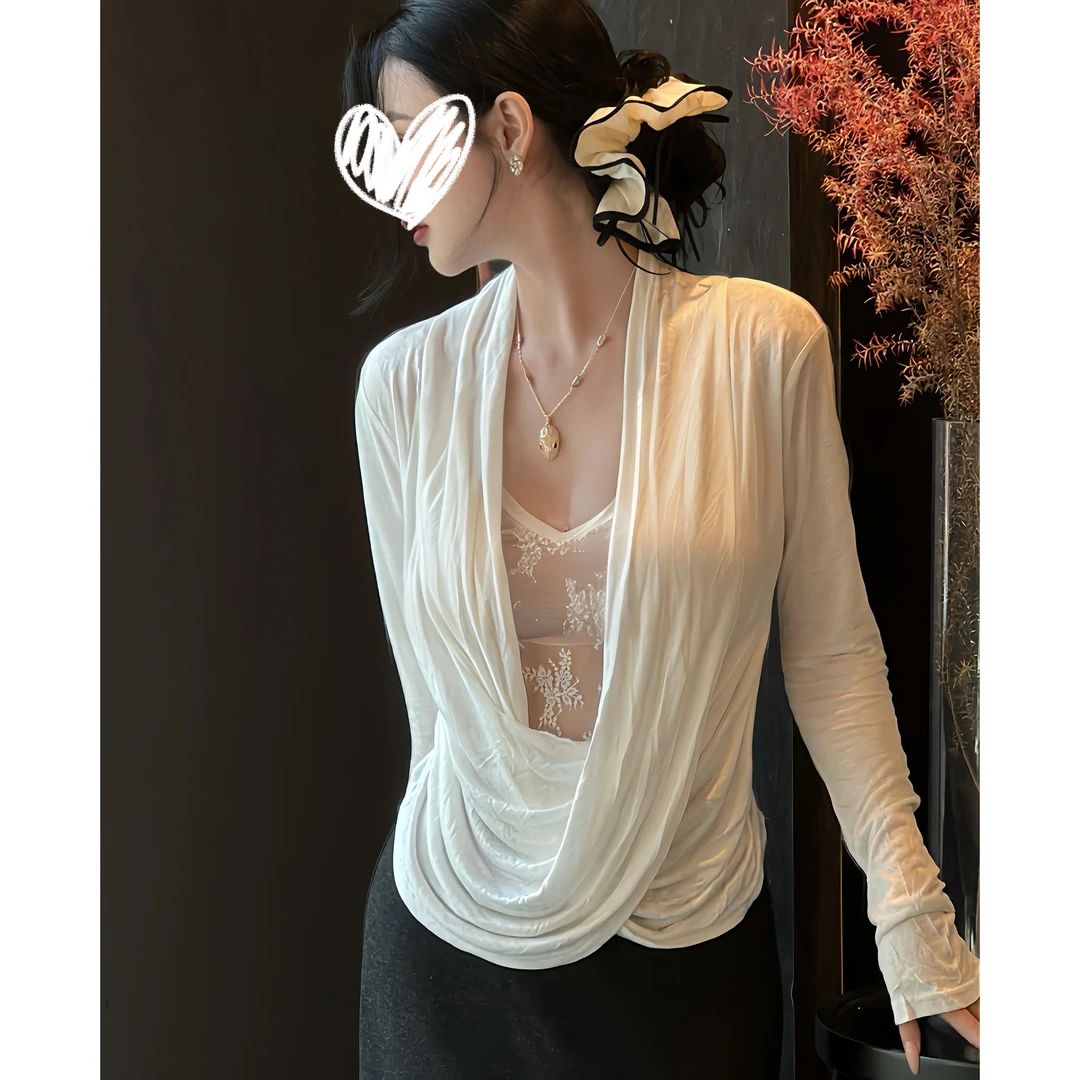 艺等YIDENG交叉荡领小心机假两件蕾丝拼接上衣辣妹时尚设计感秋季