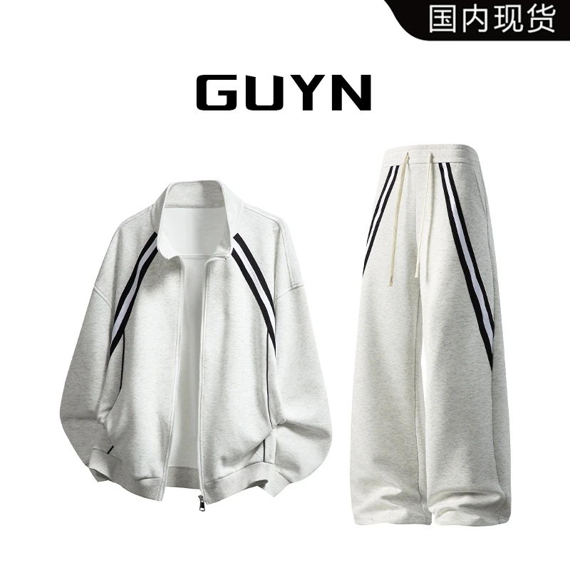 【品牌现货】GUYN复古织带拼接开衫卫衣套装男宽松情侣休闲运动外套