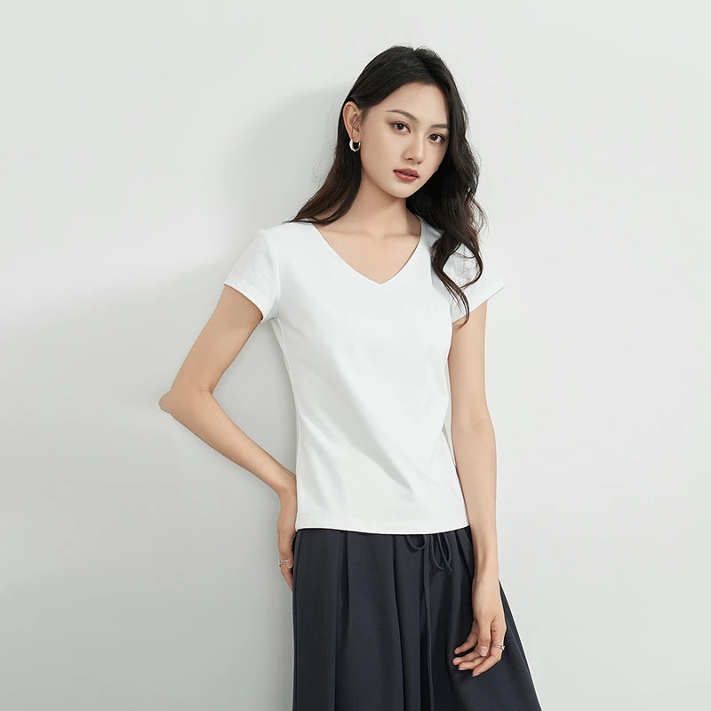 【活动款】爱客女韩版极简风宽松领打底内搭短袖上衣YA25211T006