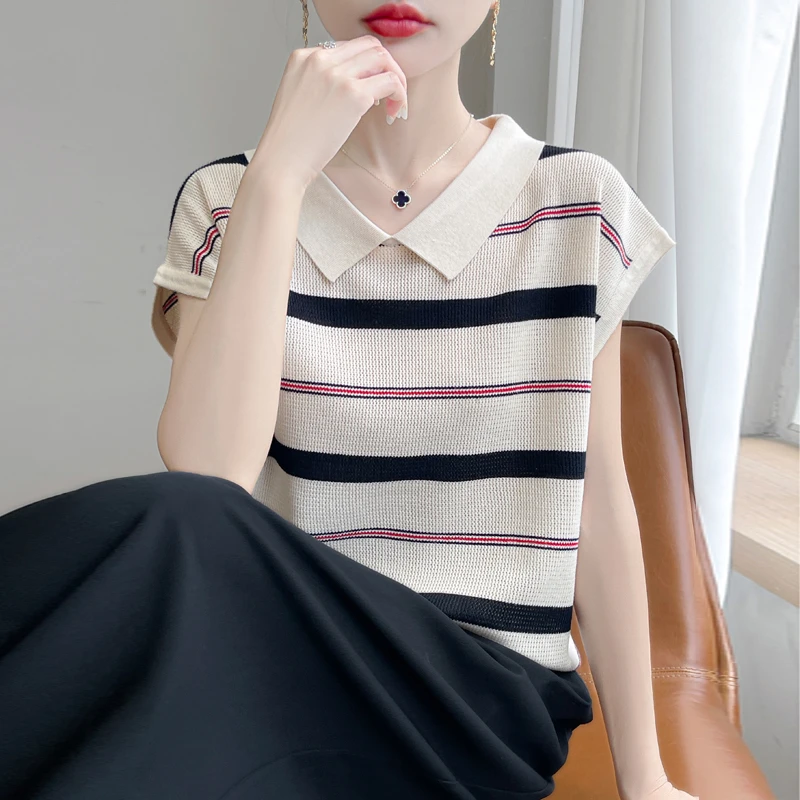时尚女装品牌25新款条纹短袖POLO衫针织T恤女薄款女洋气宽松韩版