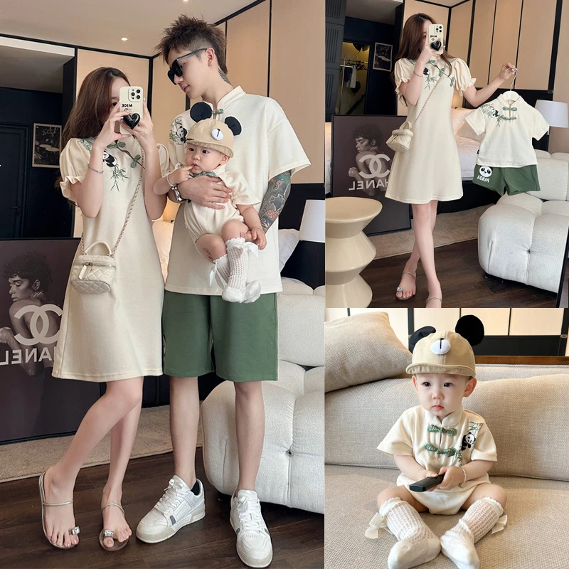 亲子装中国风一家三口夏季唐装全家装熊猫polo衫短袖母女连衣裙潮