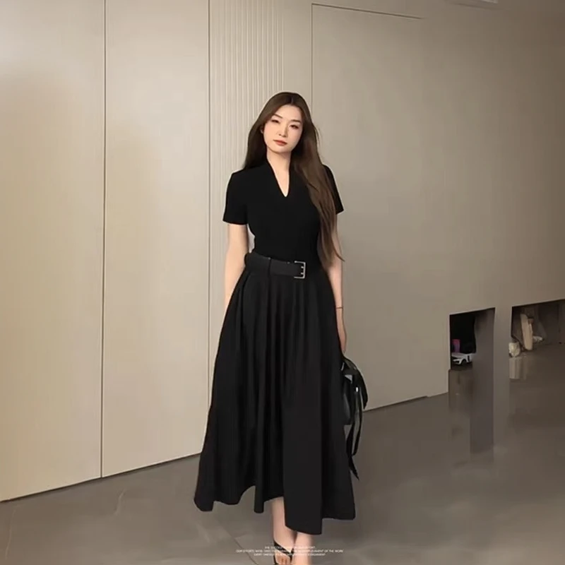 法式高级感长裙黑色短袖赫本风连衣裙2025新款夏季大码裙子女