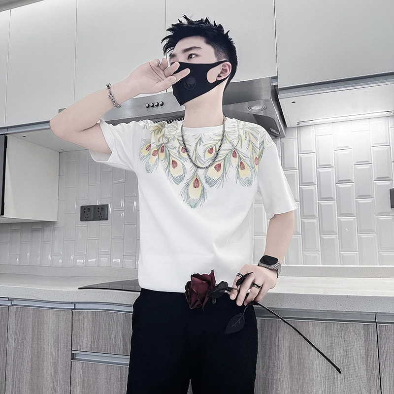 男士短袖t恤夏季2025新款高级感网红洋气炸街男装印花半截袖体恤