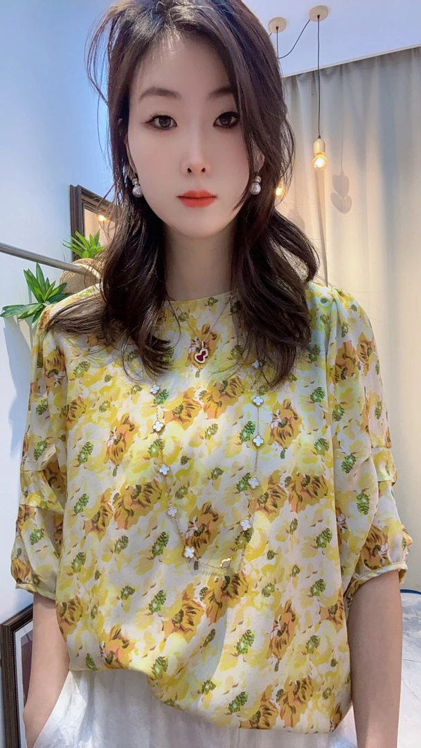 100%桑蚕丝双绉黄色小碎花半袖上衣