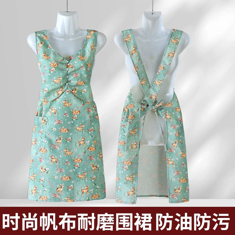 厨房做饭时尚碎花新款帆布围裙耐脏耐磨上班透气工作服家用围腰