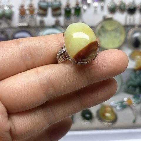 蛇纹石玉银S925镶嵌戒指