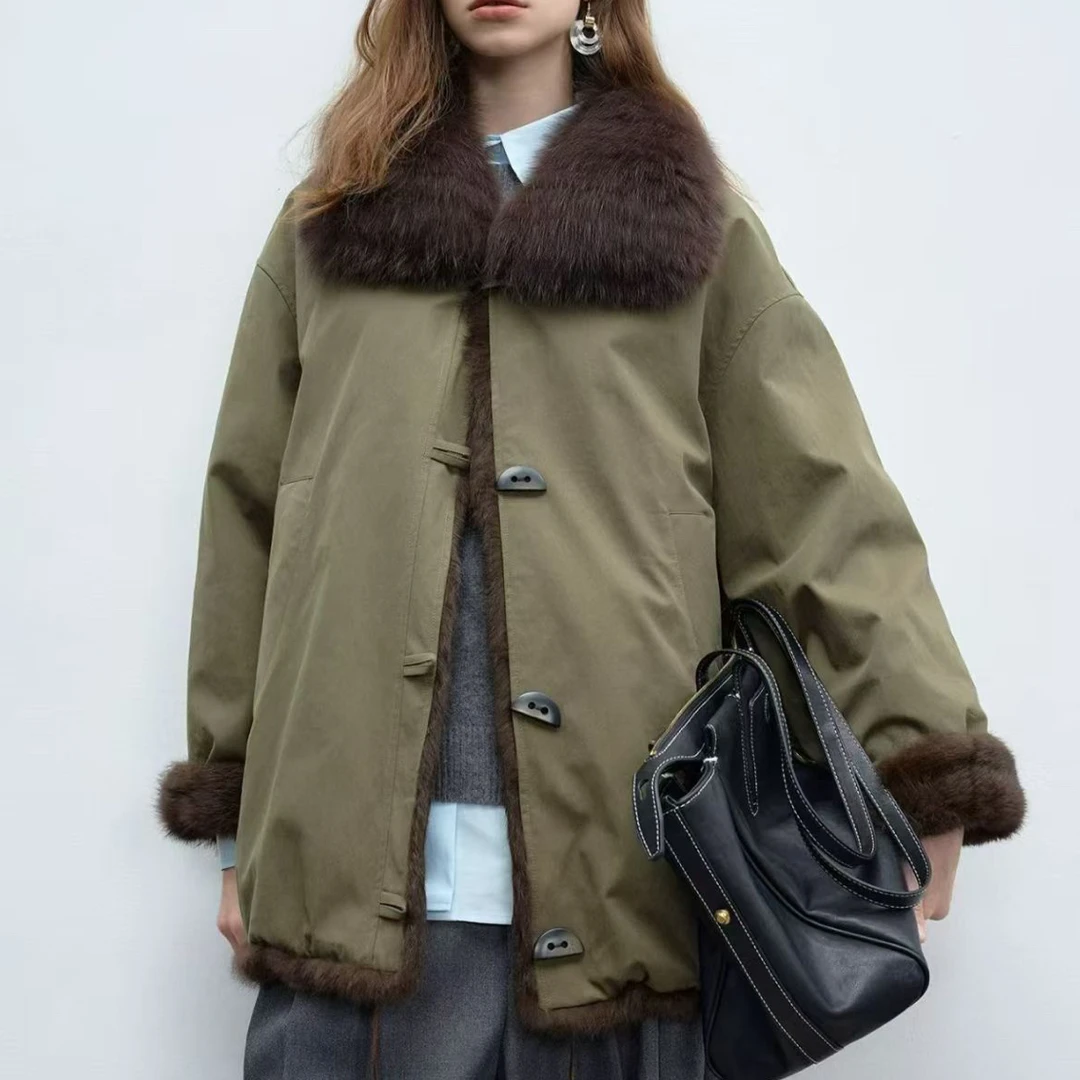 欧货冬季新款时尚两面穿女士保暖中长款派克服外套毛毛可拆卸