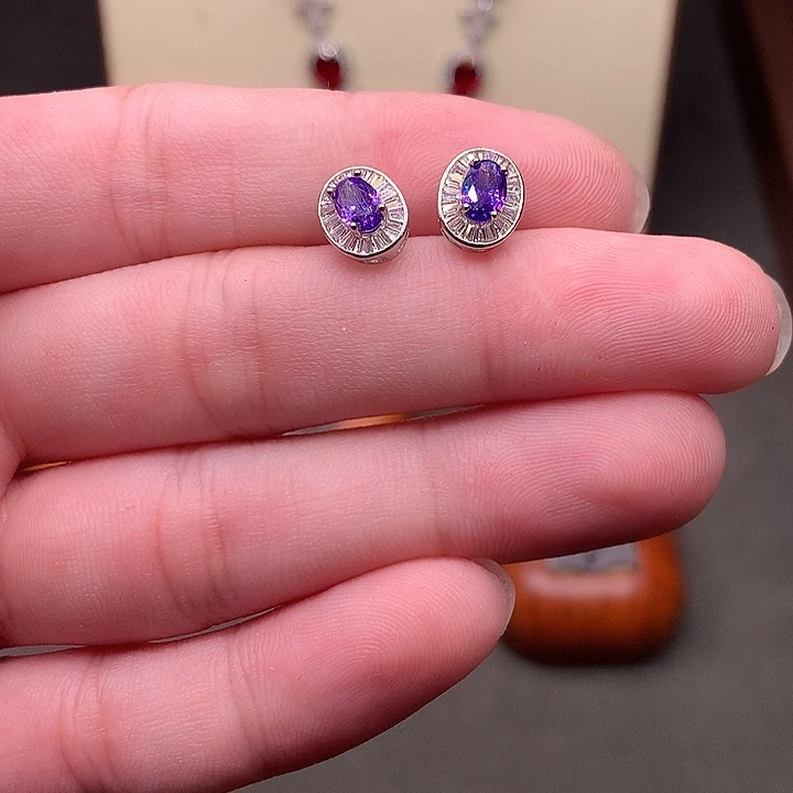 耳饰银S925镶嵌彩色蓝宝石