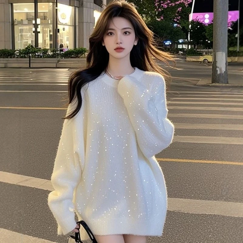 韩系慵懒风细闪针织衫女2025冬季新款高级感宽松显瘦圆领套头毛衣