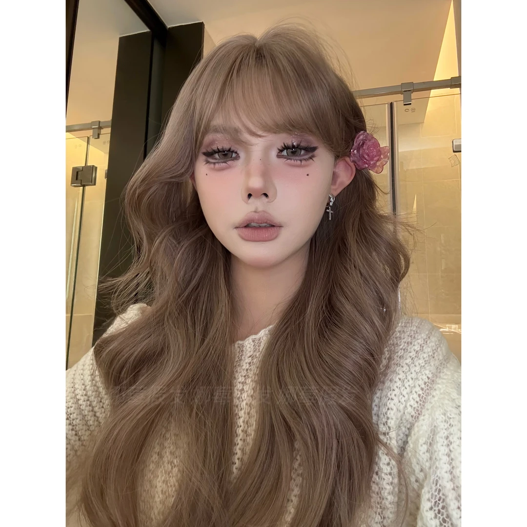 【辣妹提花】薄藤粉紫波浪卷齐刘海自然氛围感长卷百搭全头套C假发