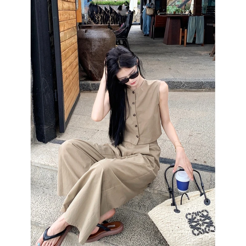 法式小众设计感两穿背心套装女夏季时尚百搭修身显瘦阔腿裤两件套