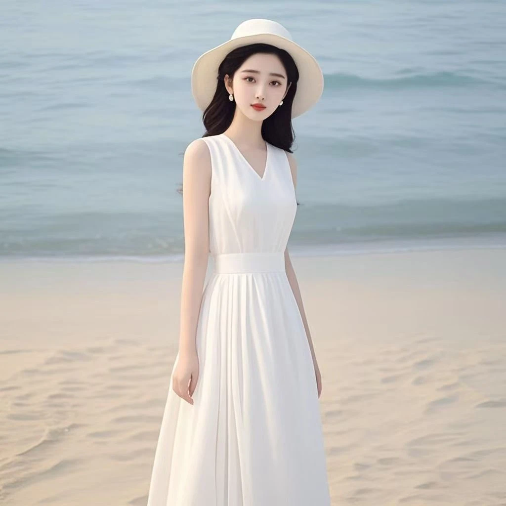 今年流行爆款夏季多巴胺穿搭独特漂亮高级感白色无袖雪纺连衣裙