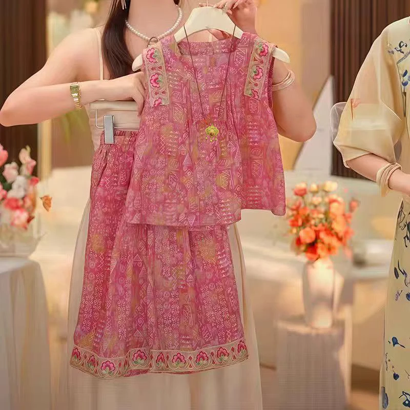 女童夏季套装2025新款洋气套装女童新中式国风背心两件套