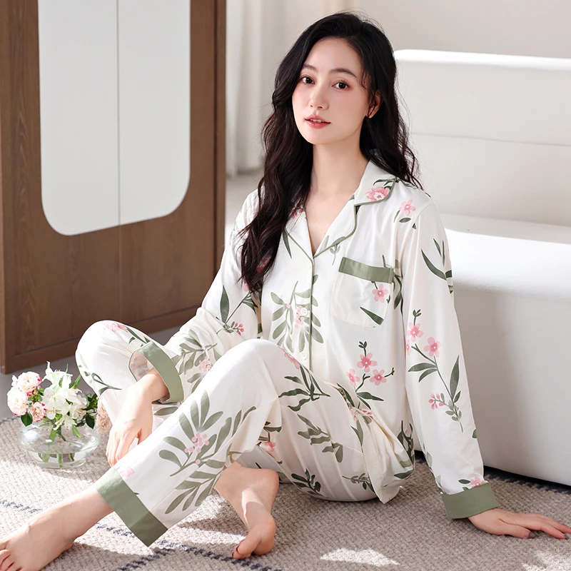100%棉睡衣女长袖长裤开衫透气舒适宽松休闲纯棉超柔软家居服套装