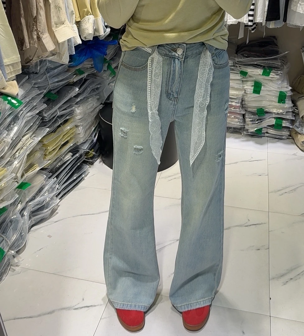 林玲～新款浅色牛仔微喇裤显瘦无弹女破洞长裤