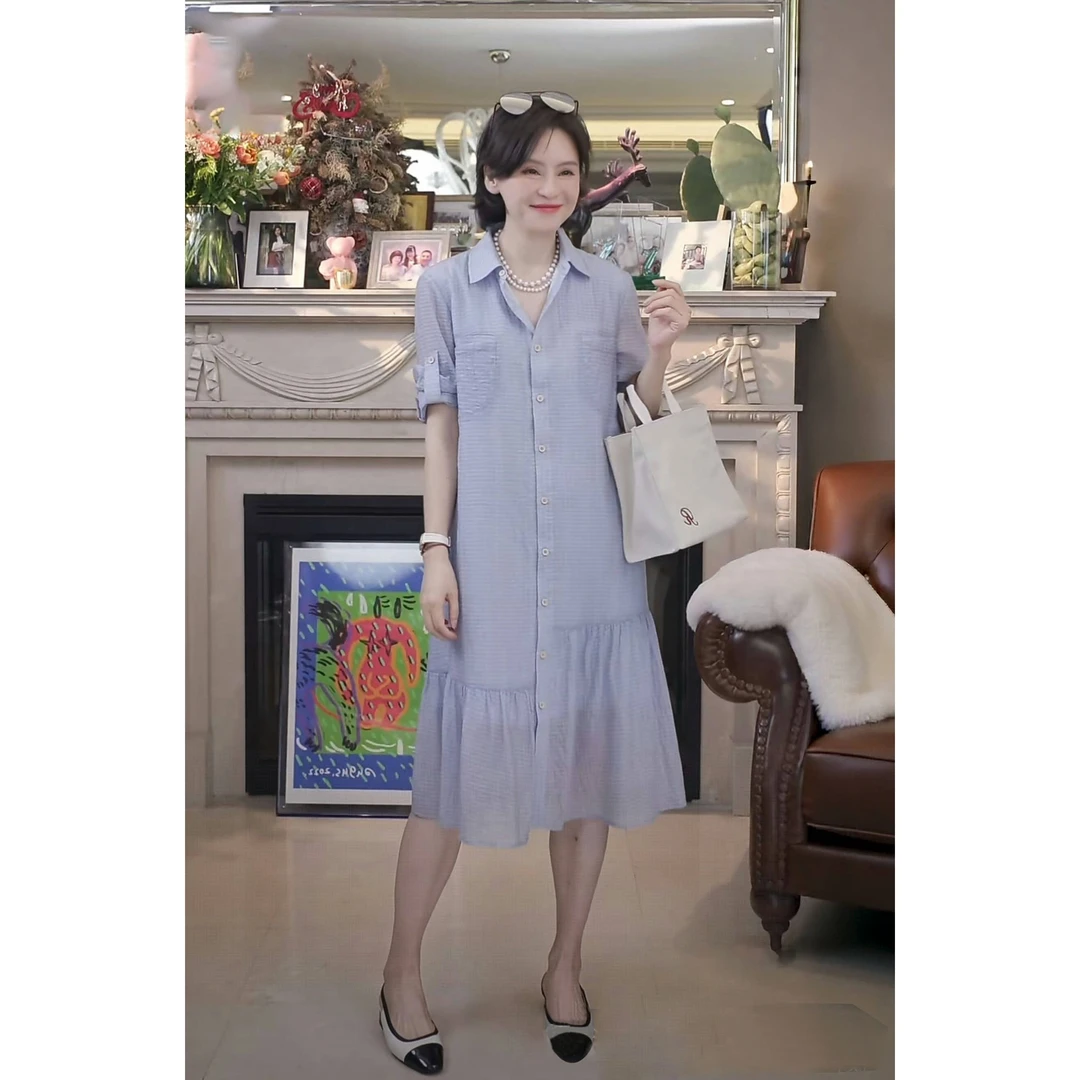 我是摩羯 格纹控  天丝格纹肌理错位拼接夏衬衫式连衣裙