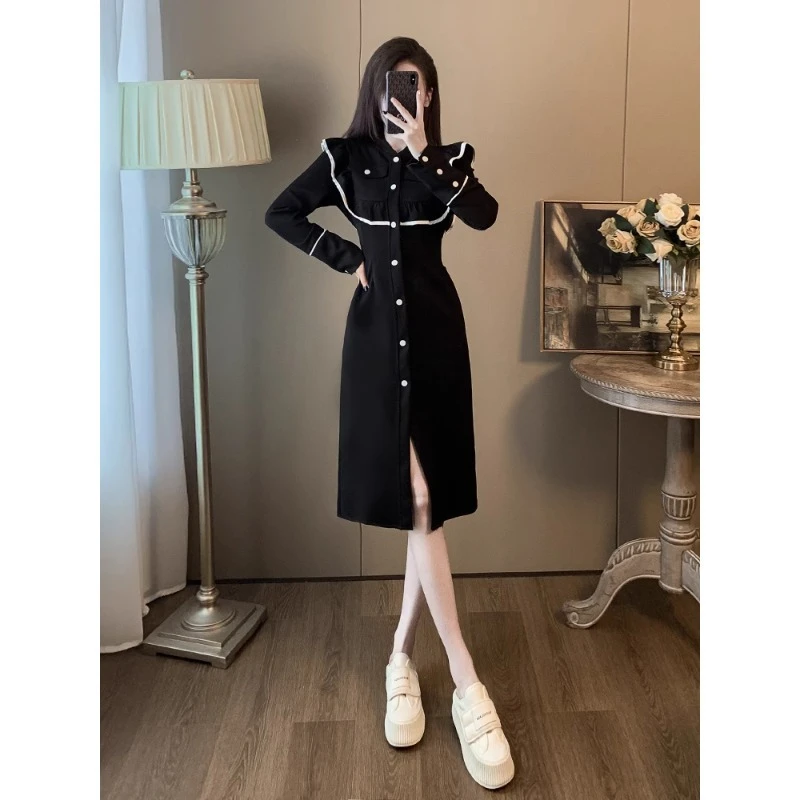 法式长袖垂坠感连衣裙女秋款显瘦气质高级感拼接排扣时尚长款裙子