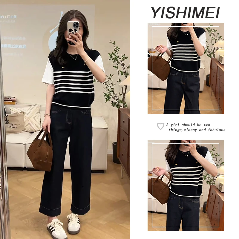 秋装搭配一整套2025年新款韩系百搭假两件短袖上衣牛仔裤两件套装