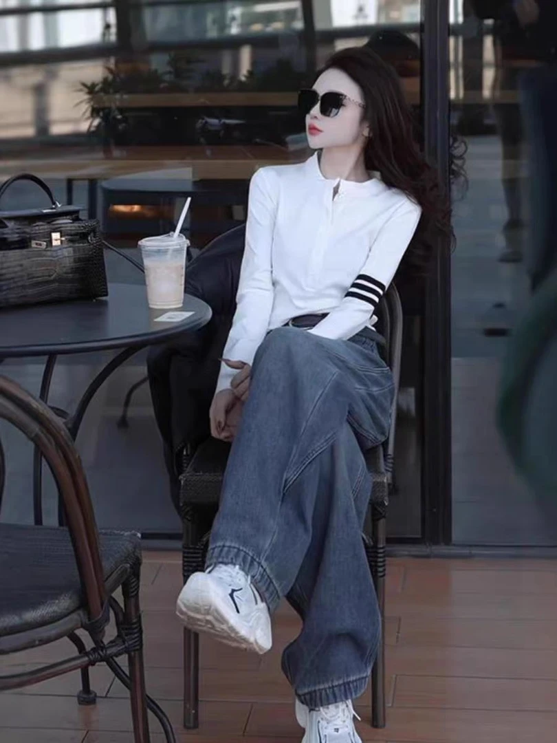 韩版设计感纽扣三条杠棉T恤女春秋新款高贵显瘦百搭休闲长袖上衣