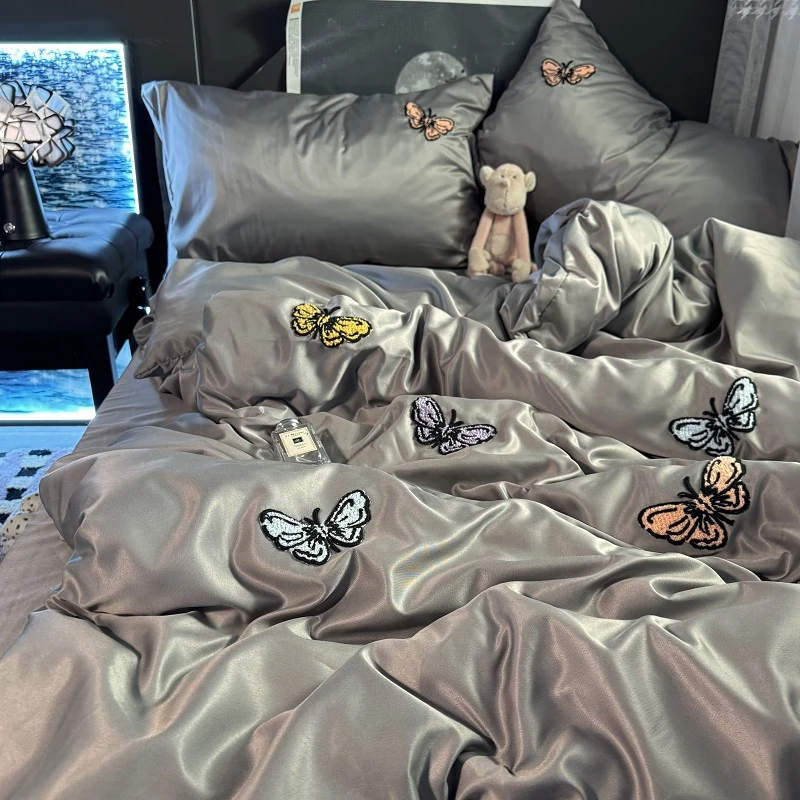 高级感灰色冰丝蝴蝶结被套四件套夏季双面凉感床单被罩宿舍三件套